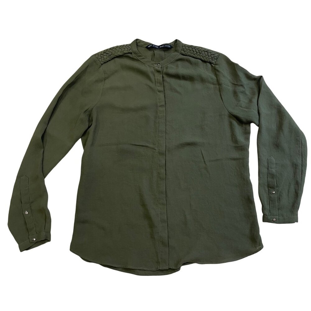 Zara Basic Chiffon Blouse Women's Size Large Green Military Style Long Sleeves